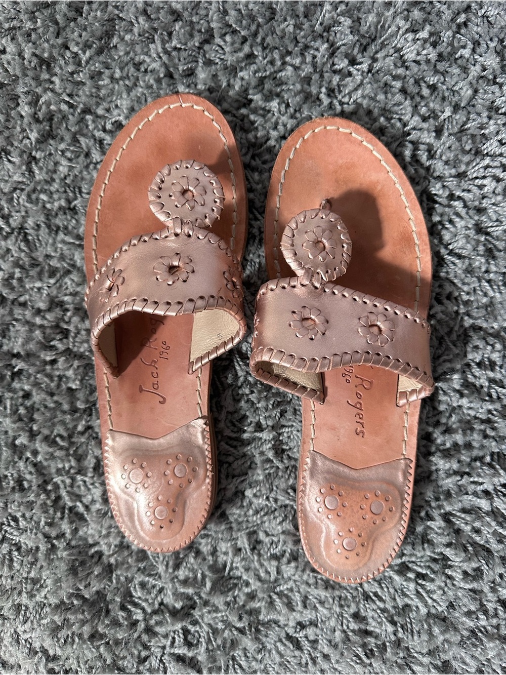 Jack Rogers Metallic Rose Leather Sandals with Signature Medallions